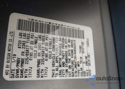 2019 Nissan Rogue Sv from USA, damaged, VIN JN8AT2MV4KW392515